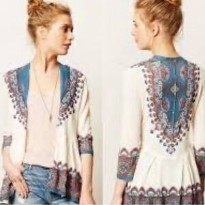 Anthropologie Knitted & Knotted Bohemian Style Cardigan with Blue Accents